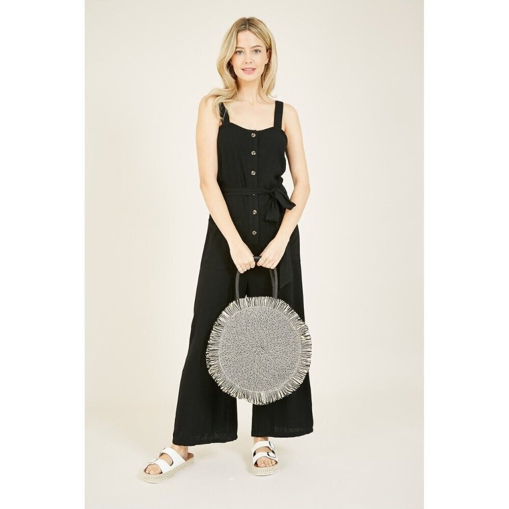 M W Fringe Trim Round Straw Beach Tote‎ Bag Black Natural
